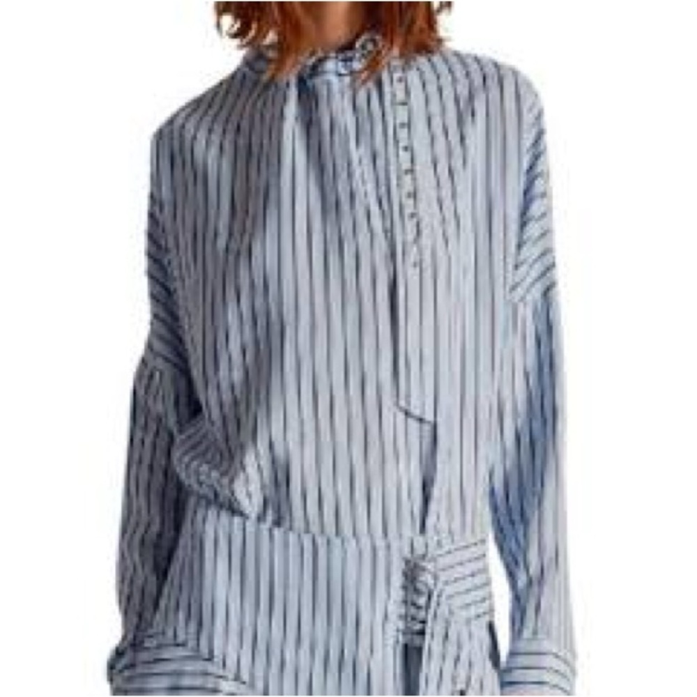 Tibi Blue long sleeve Striped Blouse with buckle detail‎ at neck